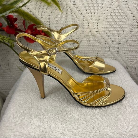HERSTYLE Gold Metallic Stappy Faux Leather Caressa High Heel Y2K Sandals Sz 10 - Picture 6 of 14